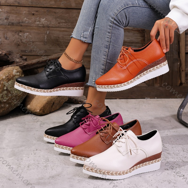 Oxford Lace Up Women - Skórzane sznurowane damskie oksfordki na koturnie,